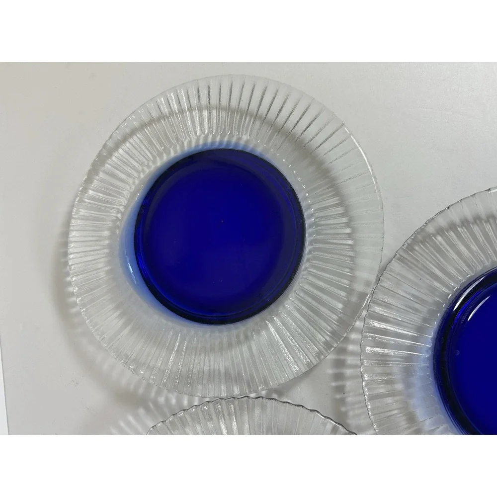 Pier 1 Salad Plates Glass Clear & Cobalt Blue Center Ribbed‎ 8.25